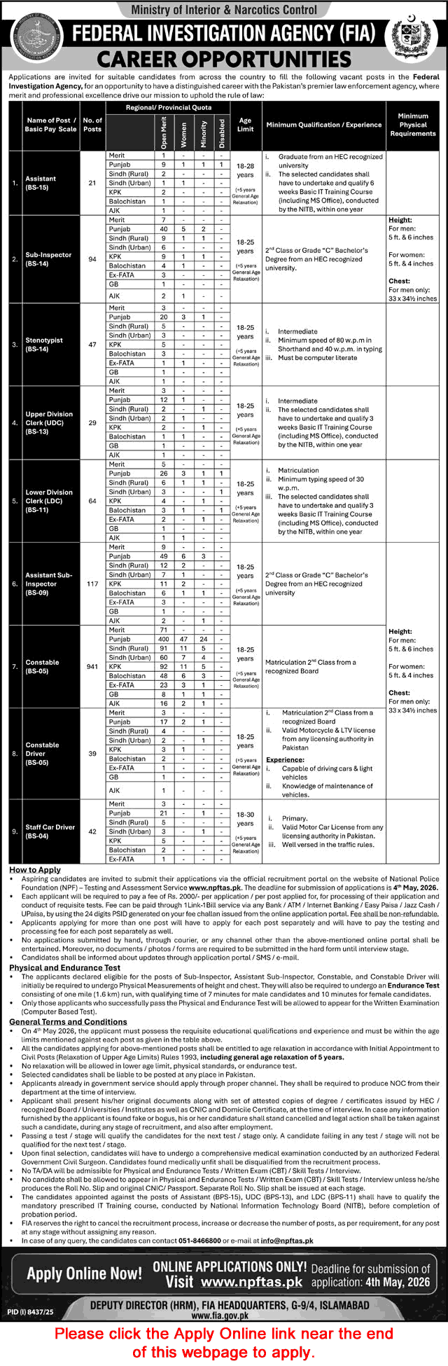 FIA Jobs 2026: 1,394+ Vacancies for Constable, Sub-Inspector, Assistant & More – Last Date 4 May 2026