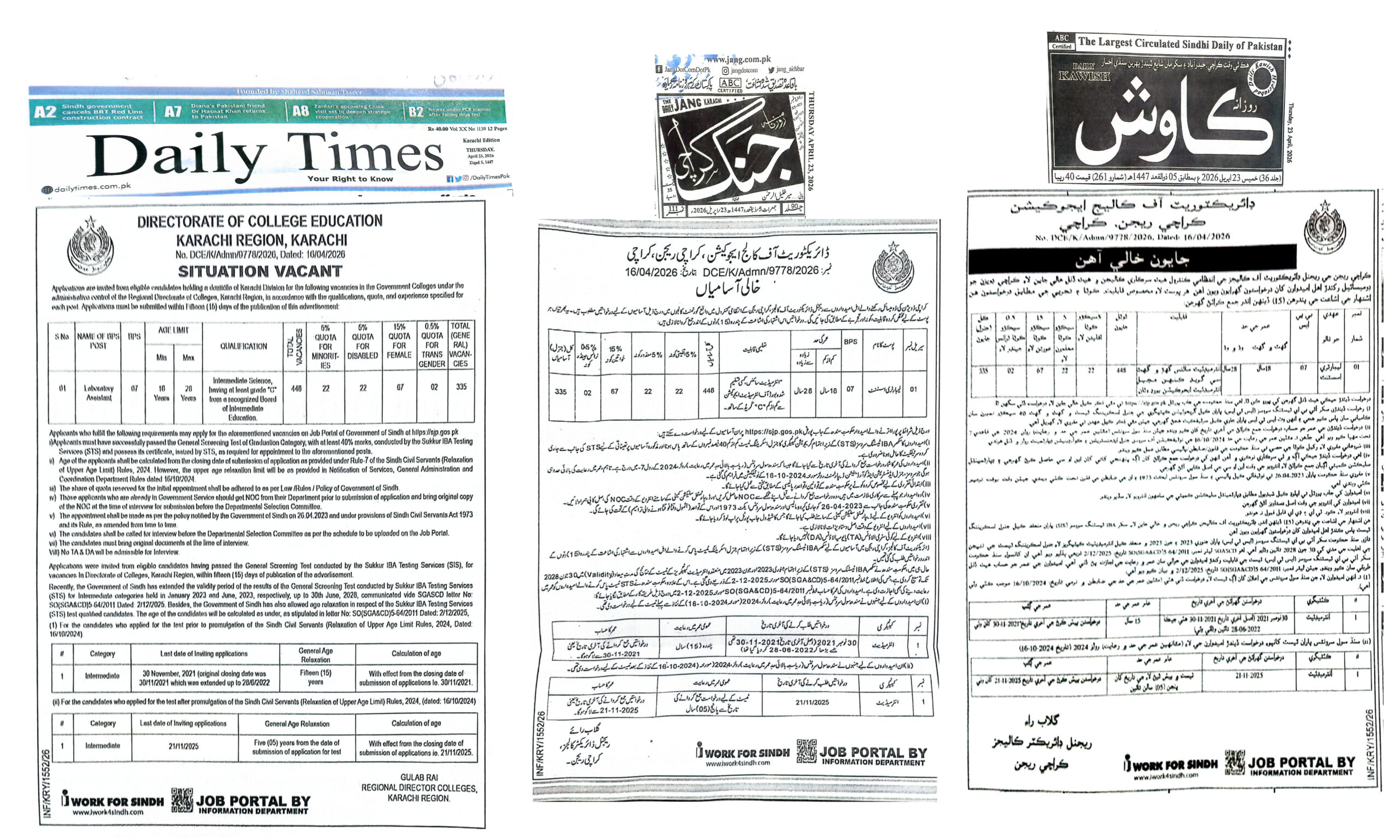 Karachi College Education Jobs 2026 Laboratory Assistant