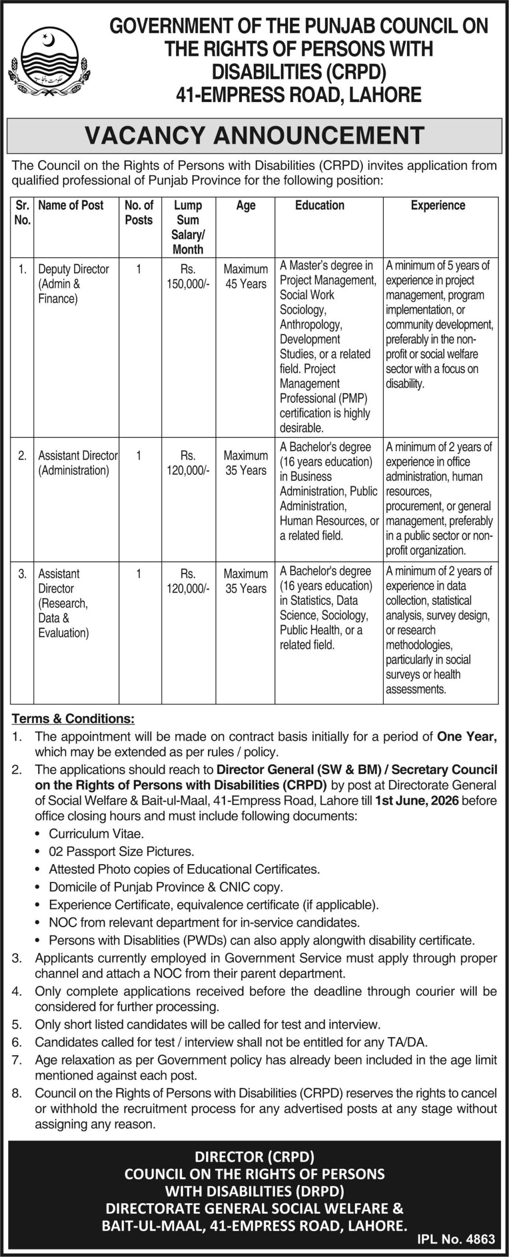 CRPD Punjab Jobs 2026 official vacancy announcement for Deputy Director and Assistant Director positions at Council on the Rights of Persons with Disabilities Lahore