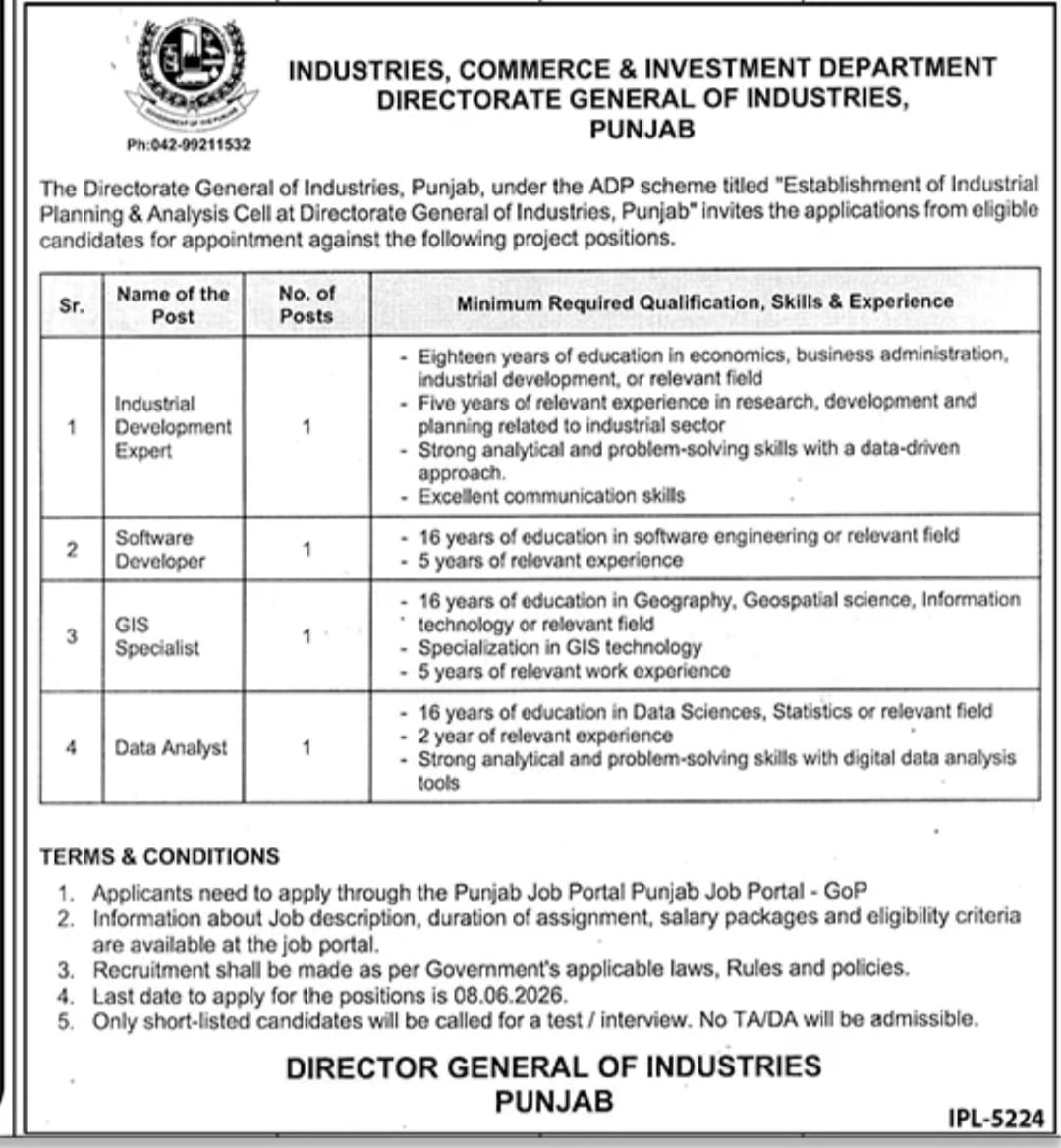 Directorate General of Industries Punjab Jobs 2026