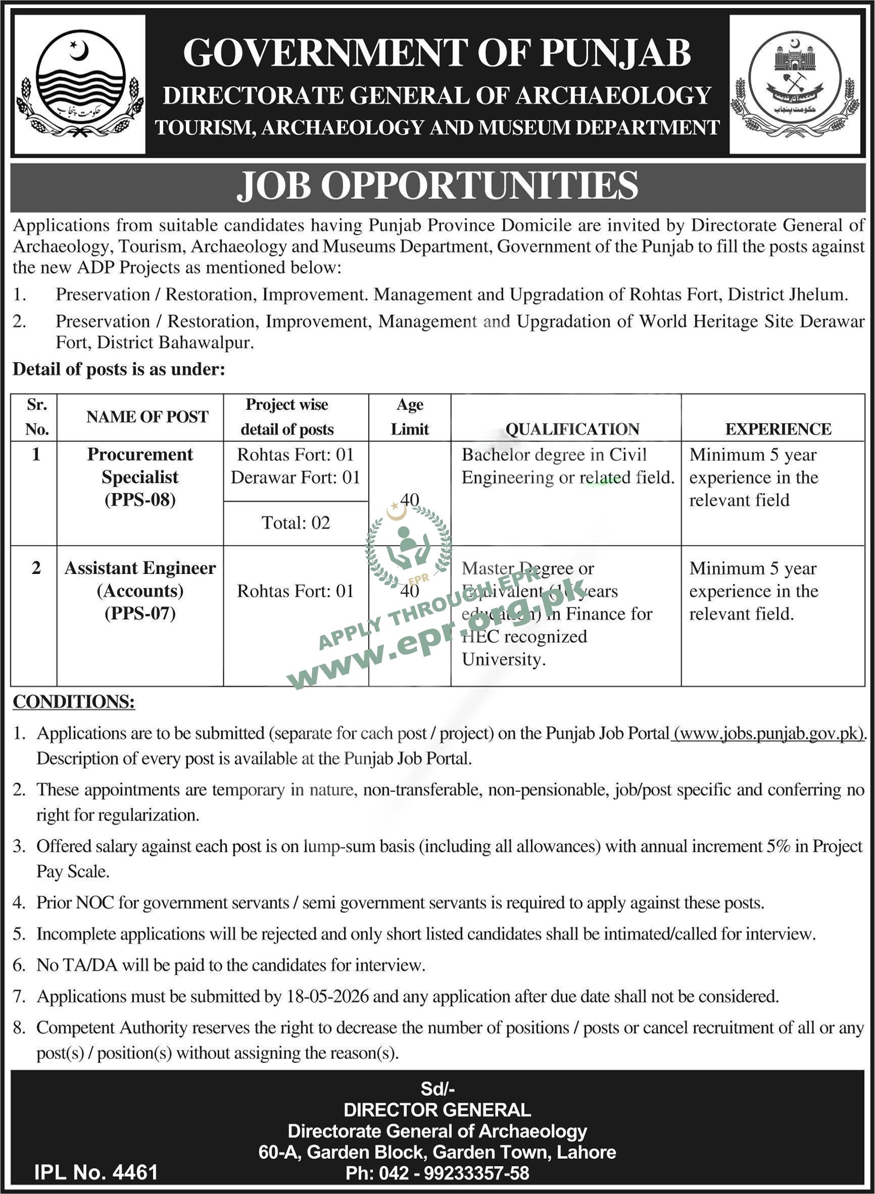 Government of Punjab Directorate General of Archaeology Jobs 2026 official advertisement for Procurement Specialist and Assistant Engineer posts Rohtas Fort and Derawar Fort