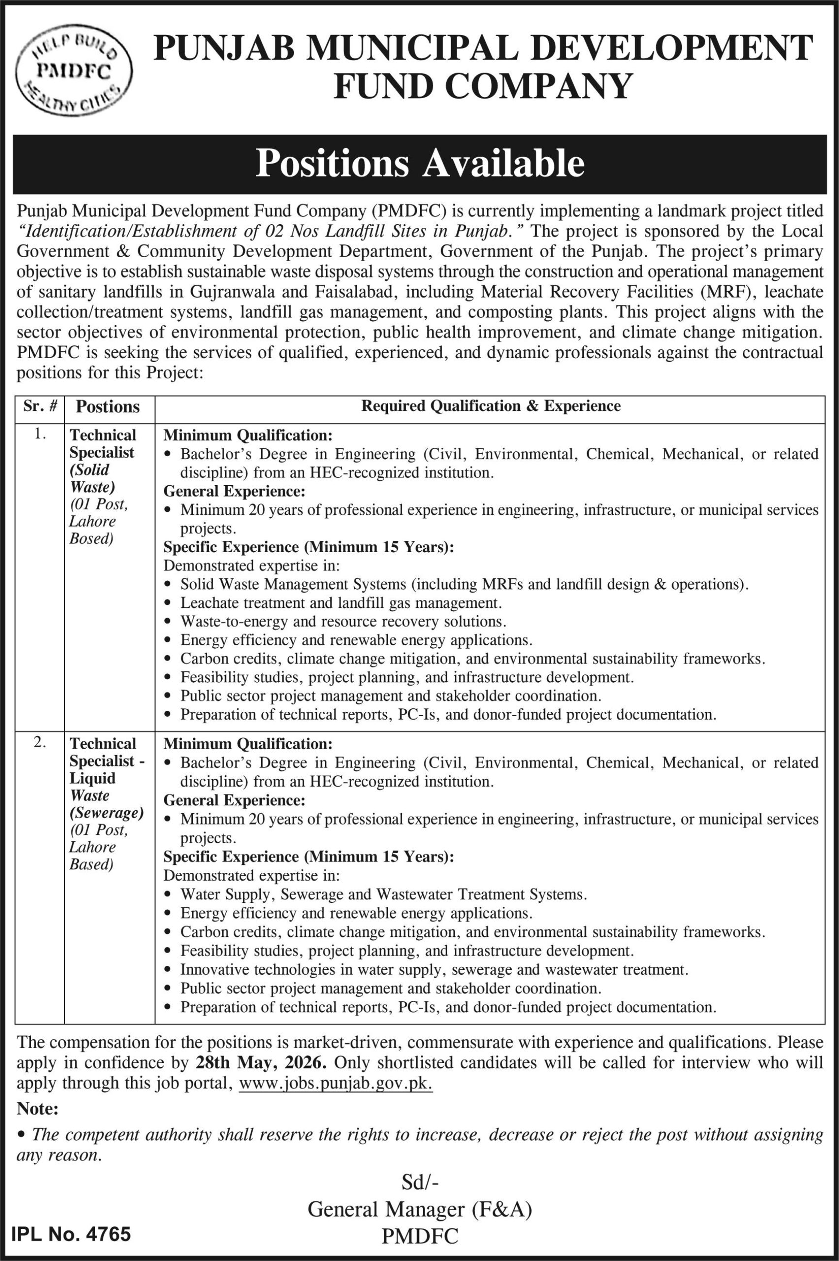 PMDFC Punjab Municipal Development Fund Company Jobs 2026 official advertisement for Technical Specialist Solid Waste and Liquid Waste positions Lahore