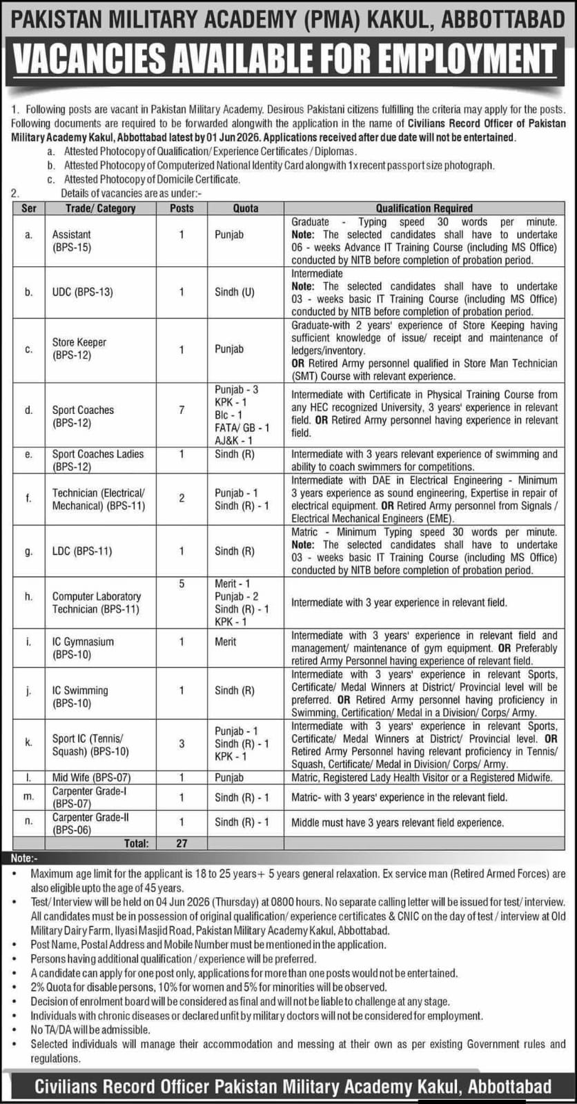 Pakistan Military Academy (PMA) Kakul Abbott abad Jobs 2026
