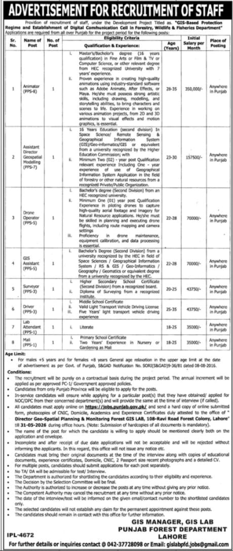 Punjab Forest Department GIS Lab Jobs 2026 official recruitment advertisement for Animator Assistant Director Drone Operator GIS Assistant and other posts