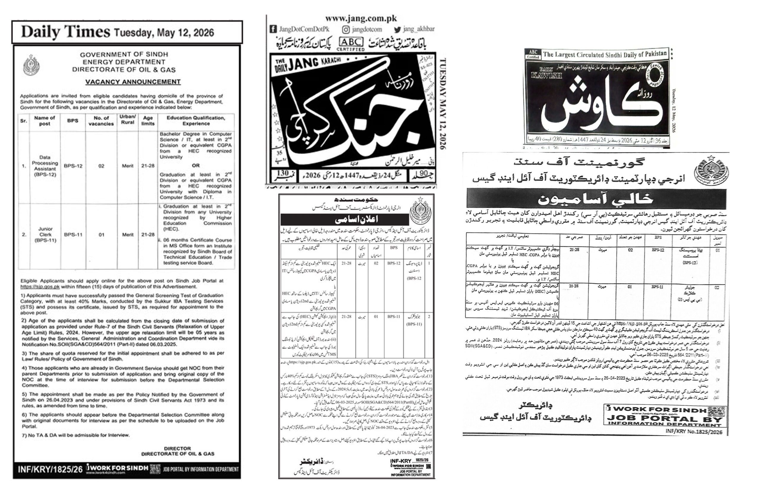 Sindh Energy Department Directorate of Oil & Gas Jobs 2026 official vacancy announcement for Data Processing Assistant BPS-12 and Junior Clerk BPS-11