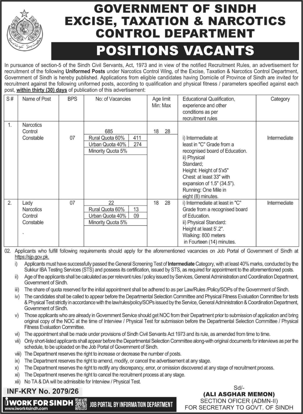 Sindh Excise Department Jobs 2026 707 Posts of Narcotics Control Constable & Lady Narcotics Control Constable (BPS-07) Announced