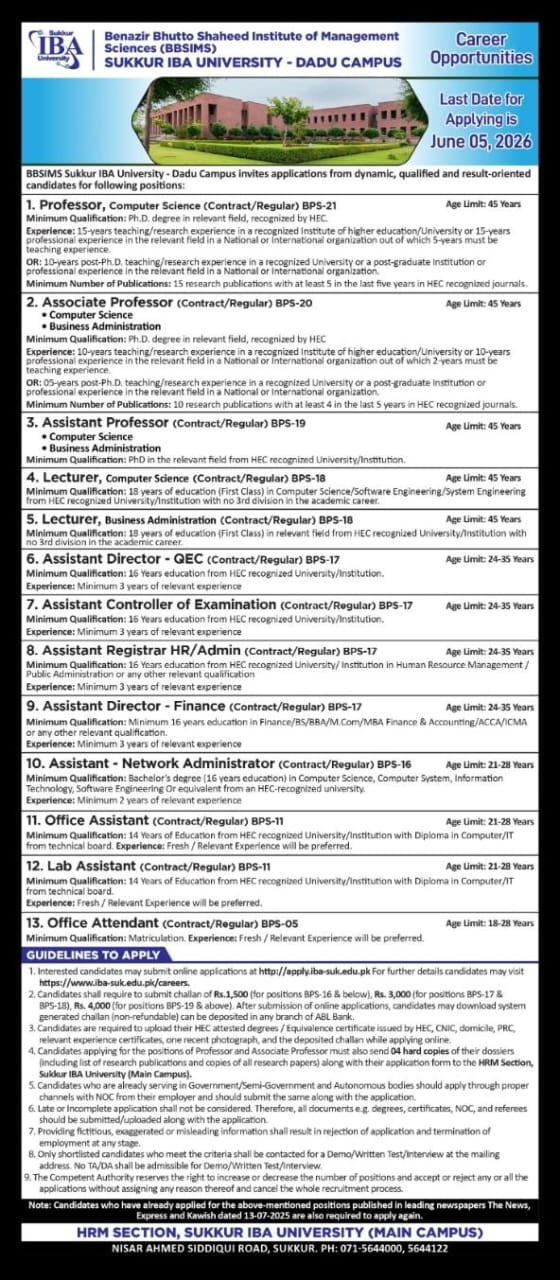 Sukkur IBA University Dadu Campus Jobs 2026 official career opportunities advertisement for Professor
