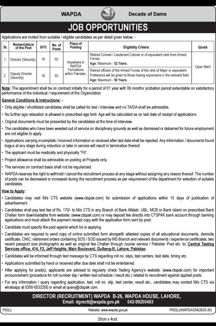 WAPDA Jobs 2026 official advertisement for Director Security BPS-19 and Deputy Director Security BPS-18 posts for retired armed forces officers