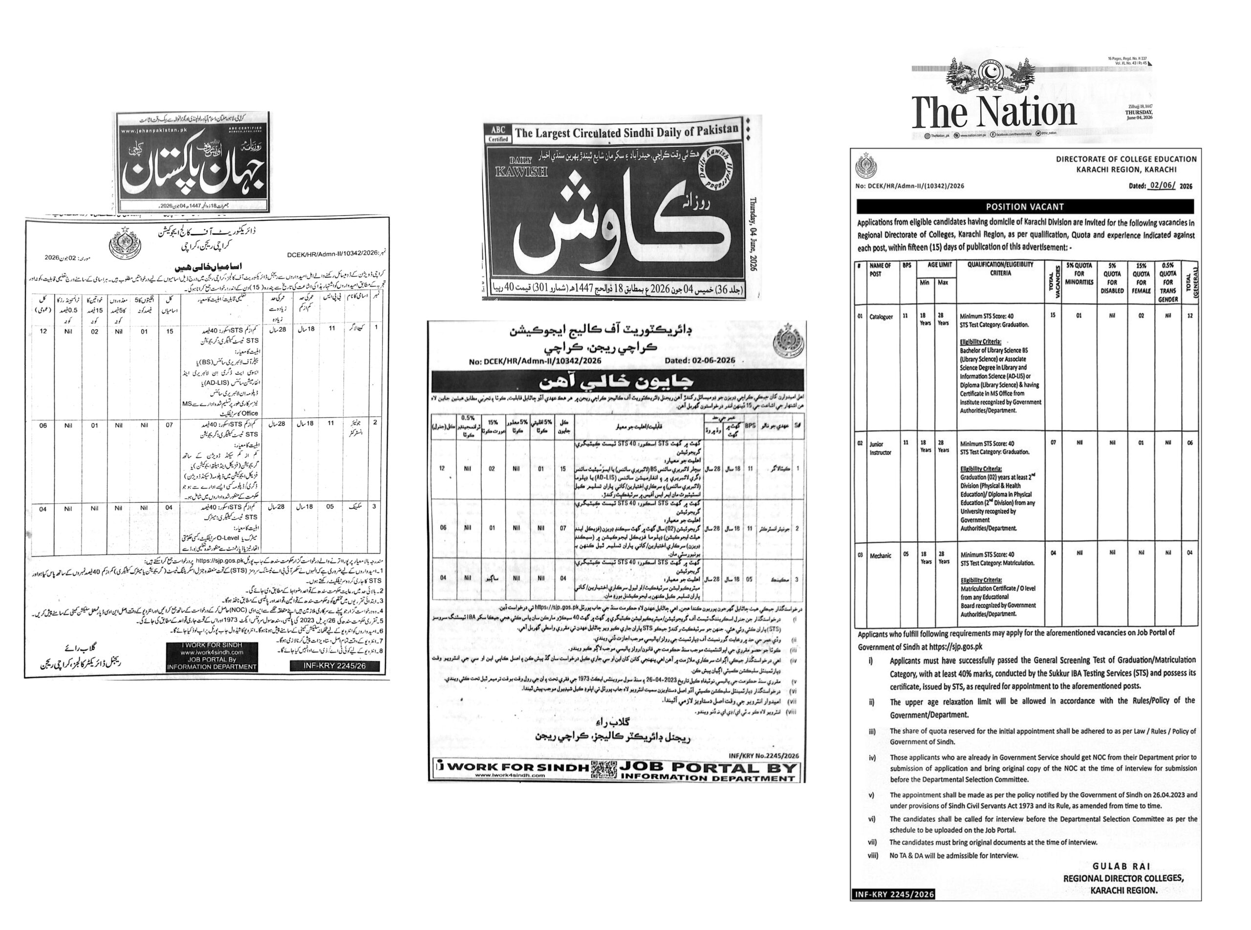 Directorate of College Education Karachi Region Jobs 2026
