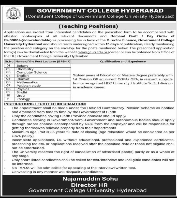 Government College University Hyderabad Jobs 2026