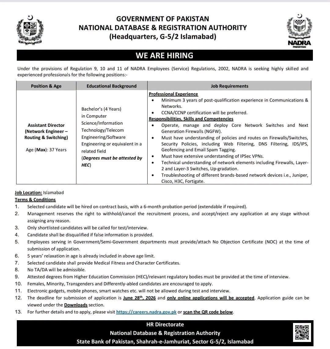 NADRA Jobs 2026 Assistant Director (Network Engineer – Routing & Switching) Position Announced at Headquarters Islamabad – Last Date 28 June 2026 - Jobboostpk