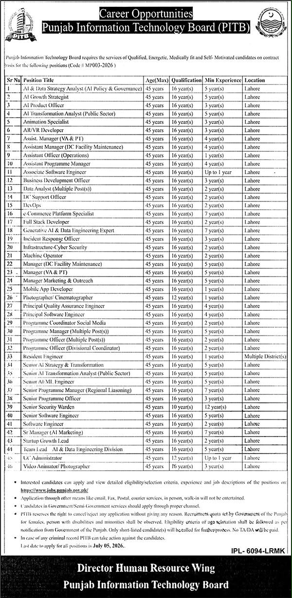 Punjab Information Technology Board (PITB) Jobs 2026