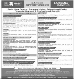 SZABIST University Larkana Campus Jobs 2026: Professor, Associate Professor, Assistant Professor, Lecturer, Librarian, Administrative Officer & Multiple Staff Positions Announced – Last Date 29 June 2026 – Jobboostpk