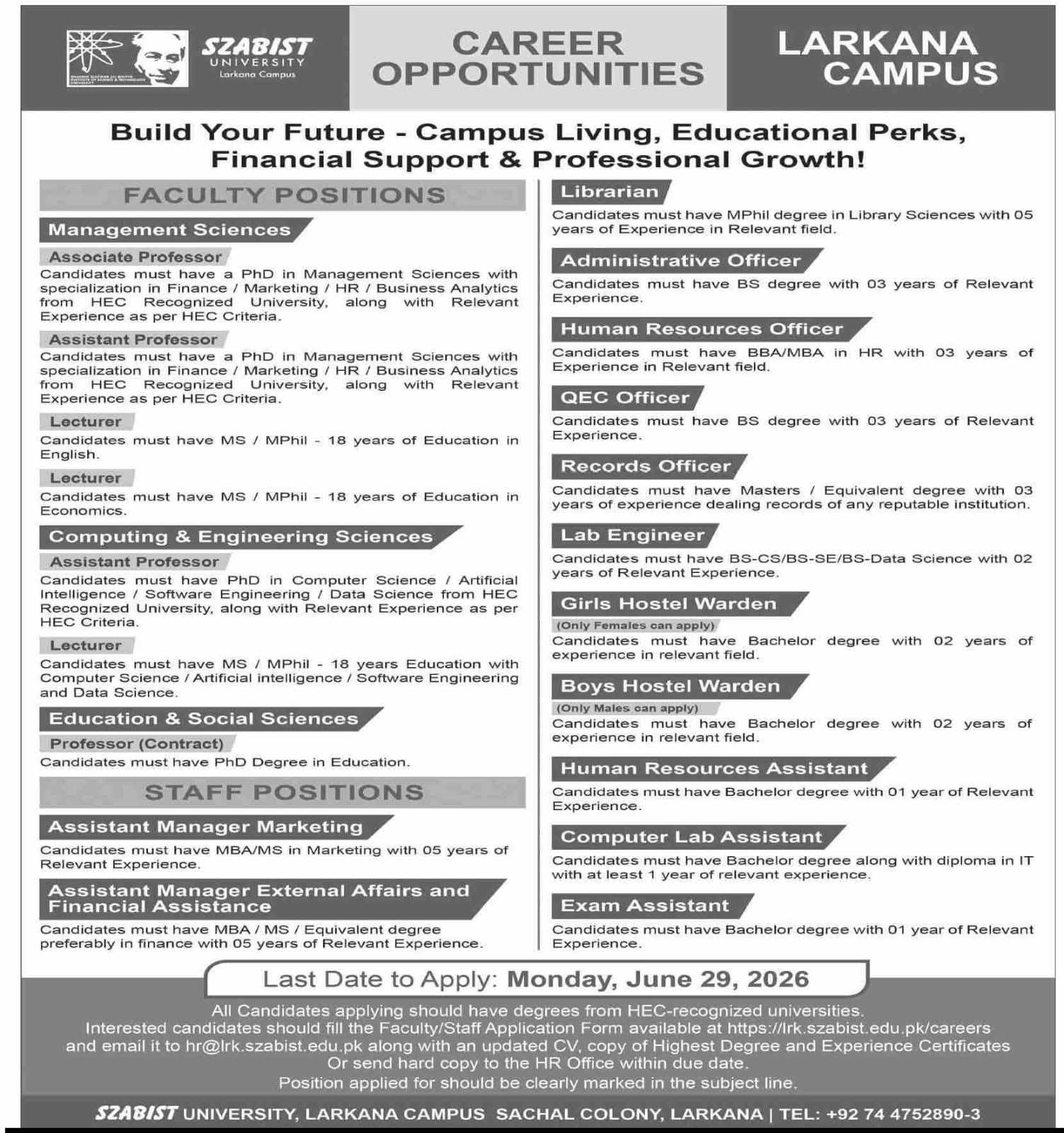 SZABIST University Larkana Campus Jobs 2026 Professor, Associate Professor, Assistant Professor, Lecturer, Librarian, Administrative Officer & Multiple Staff Positions Announced – Last Date 29 June 2026