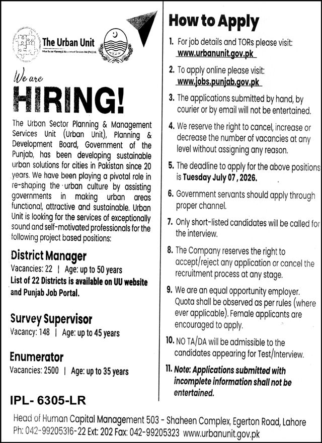 The Urban Unit Punjab Jobs 2026 District Manager (22 Posts), Survey Supervisor (148 Posts) & Enumerator (2500 Posts) Vacancies Announced – Last Date 07 July 2026 - Jobboostpk