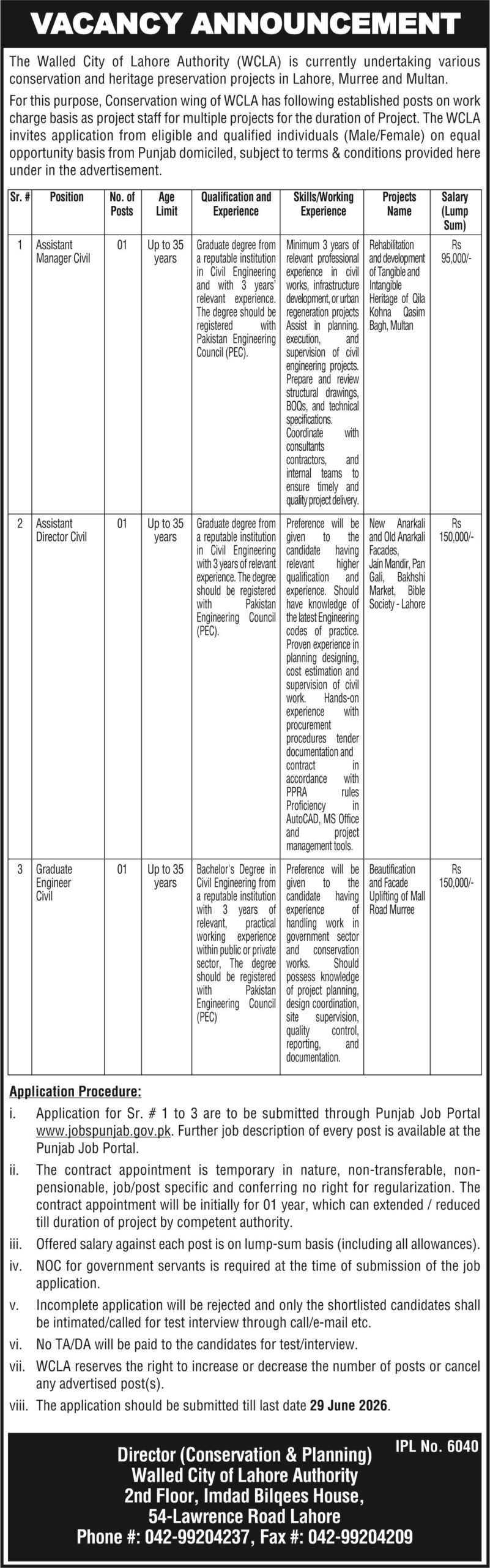 Walled City of Lahore Authority (WCLA) Jobs 2026