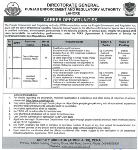 Punjab Enforcement and Regulatory Authority (PERA) Jobs 2026: Deputy Manager & Assistant Manager (Internal Affairs) Vacancies Announced – Last Date 20 July 2026 – Jobboostpk