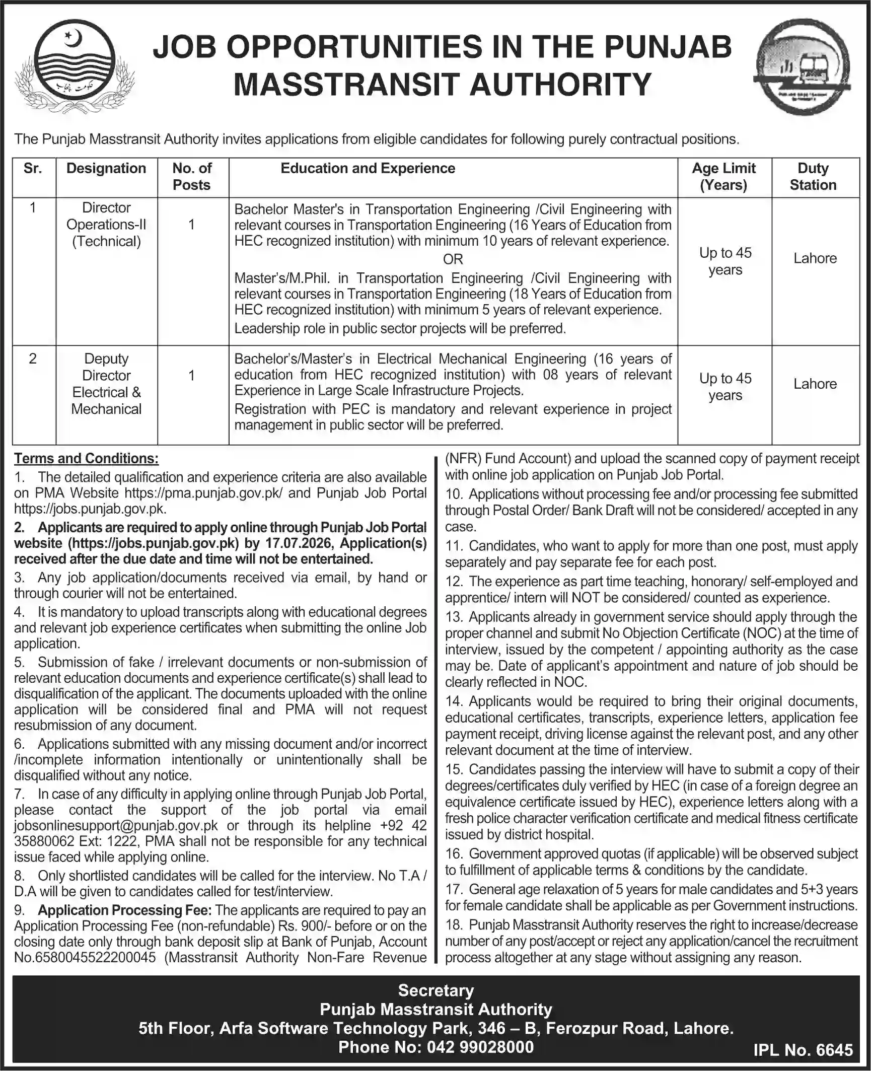 Punjab Masstransit Authority Jobs 2026 Director Operations-II & Deputy Director Electrical & Mechanical Vacancies Announced – Last Date 17 July 2026 - Jobboostpk